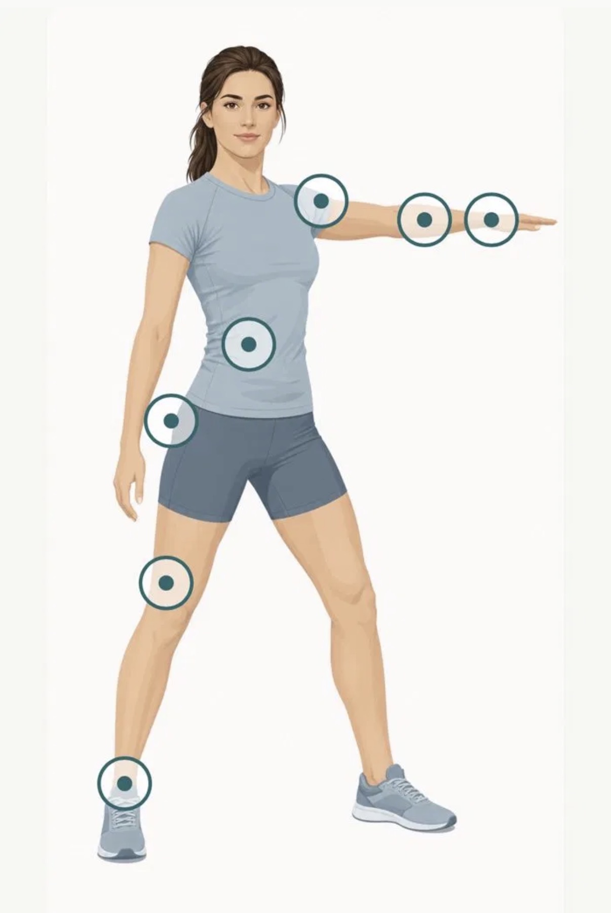 Body map with marked shoulder, elbow, wrist, trunk, hip, knee and heel