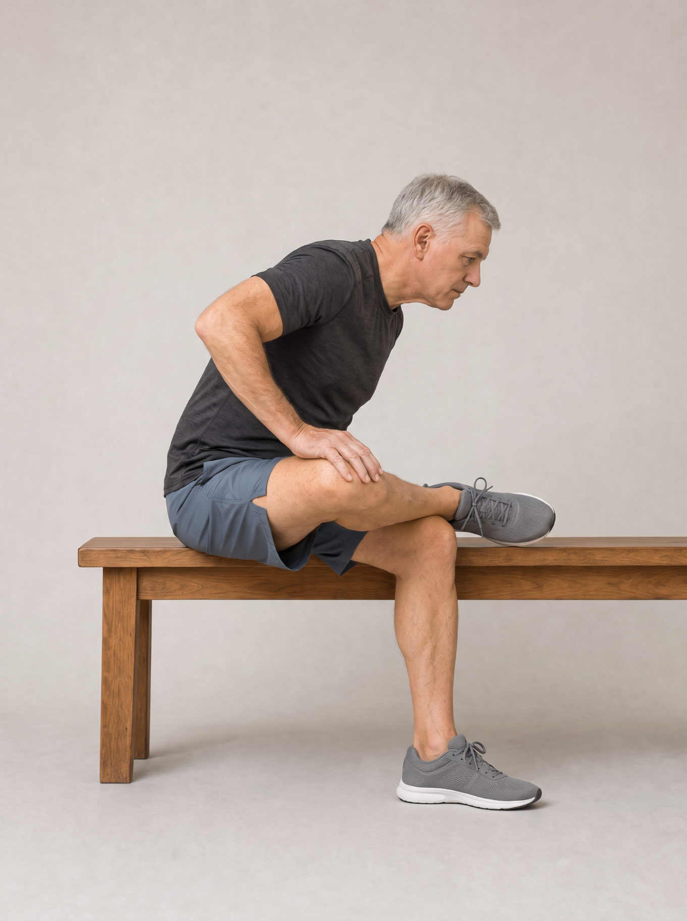 Seated low back and hip stretch on a bench with one ankle crossed over the knee