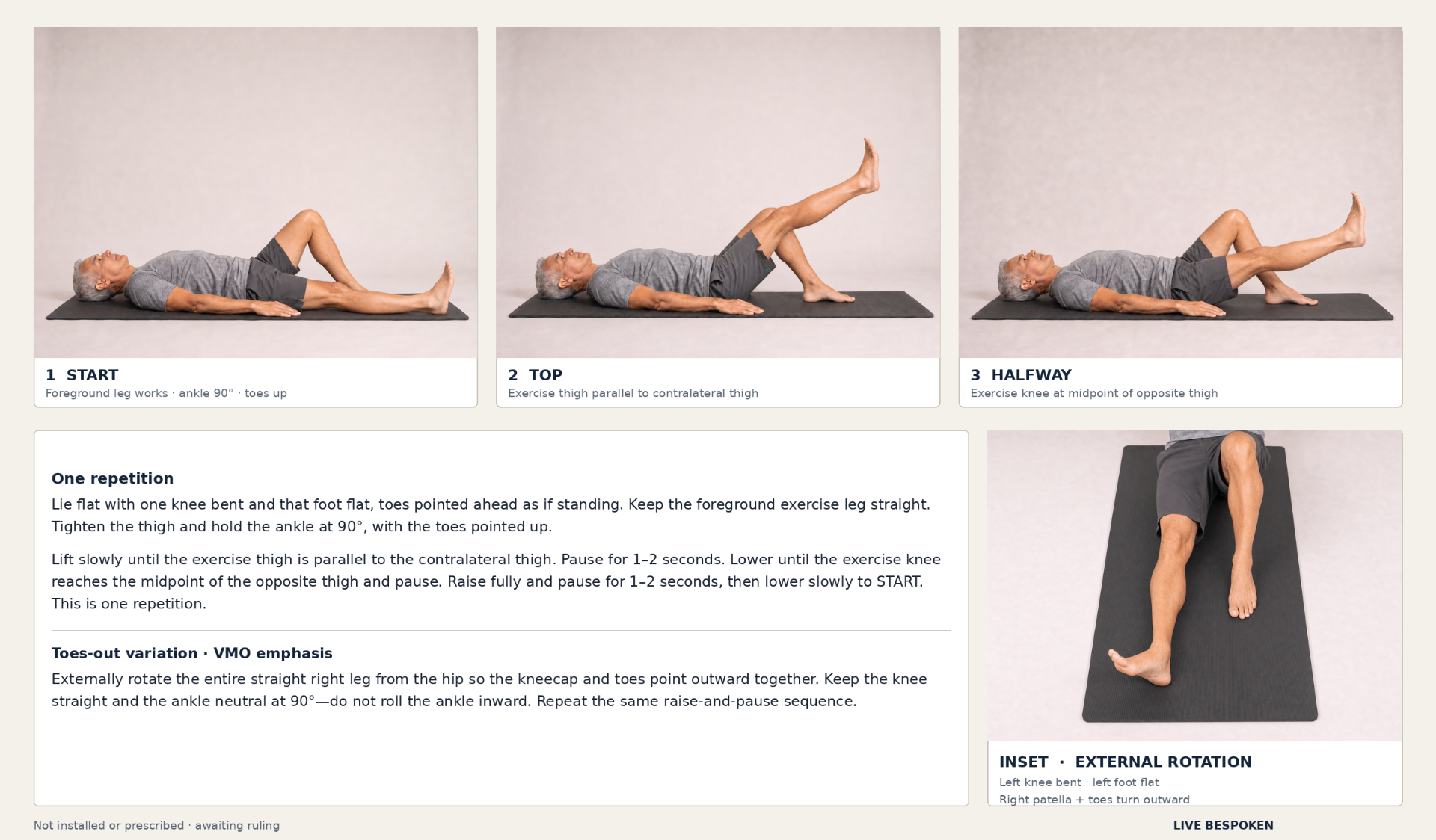 Straight leg raise sequence: start, raised parallel, halfway lower, and toes-out variation