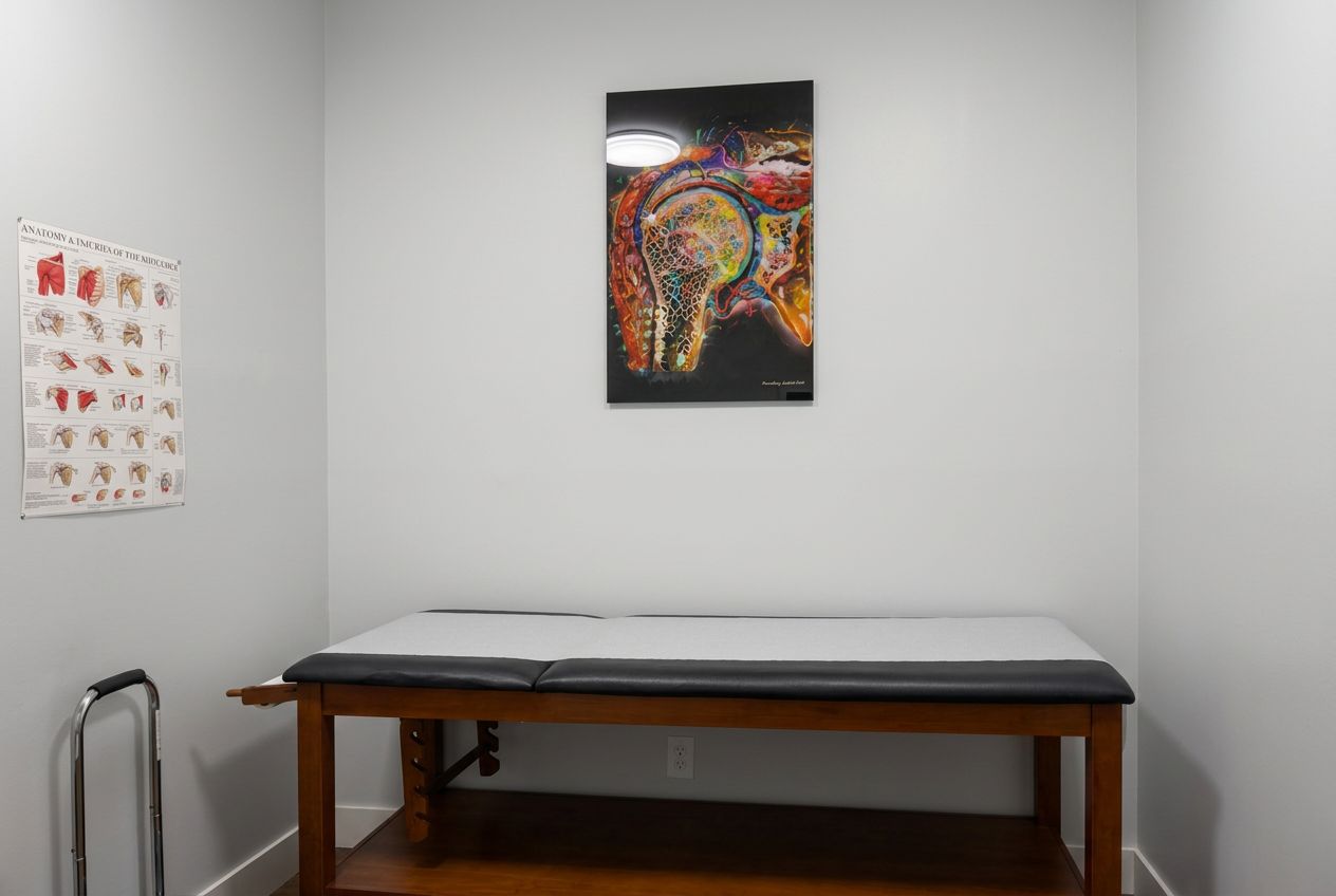 Orthopaedic examination room with a treatment table and shoulder artwork