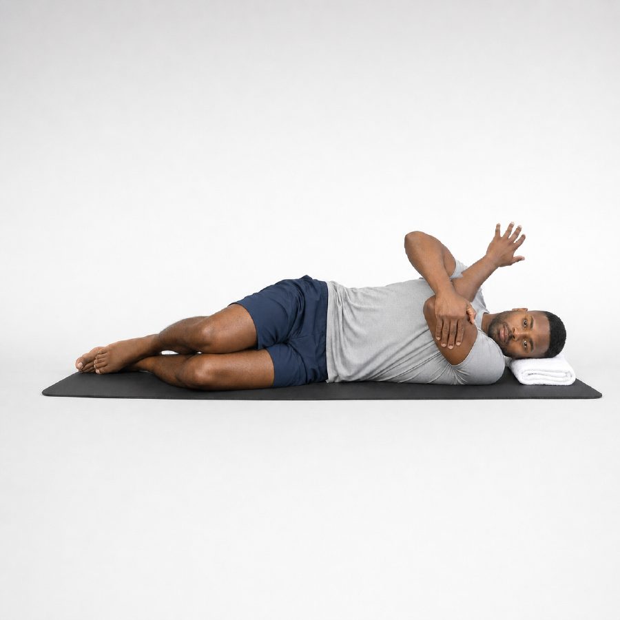 Side-lying cross-body shoulder stretch on a mat