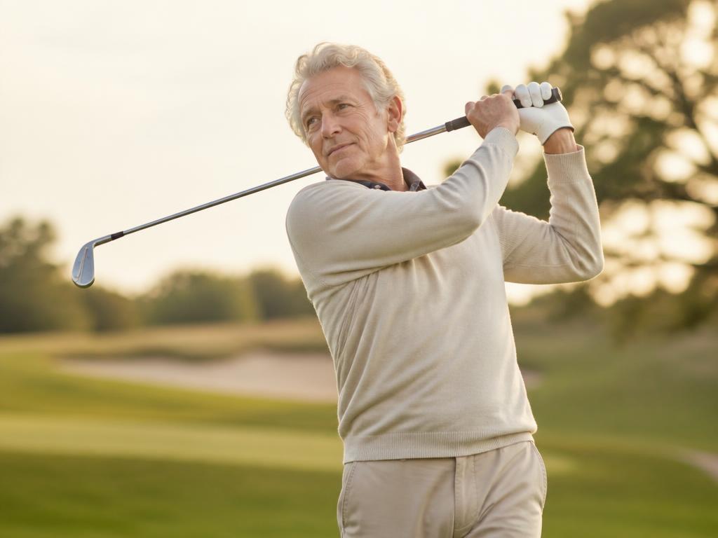 Woman in her sixties swinging a golf club on a golf course