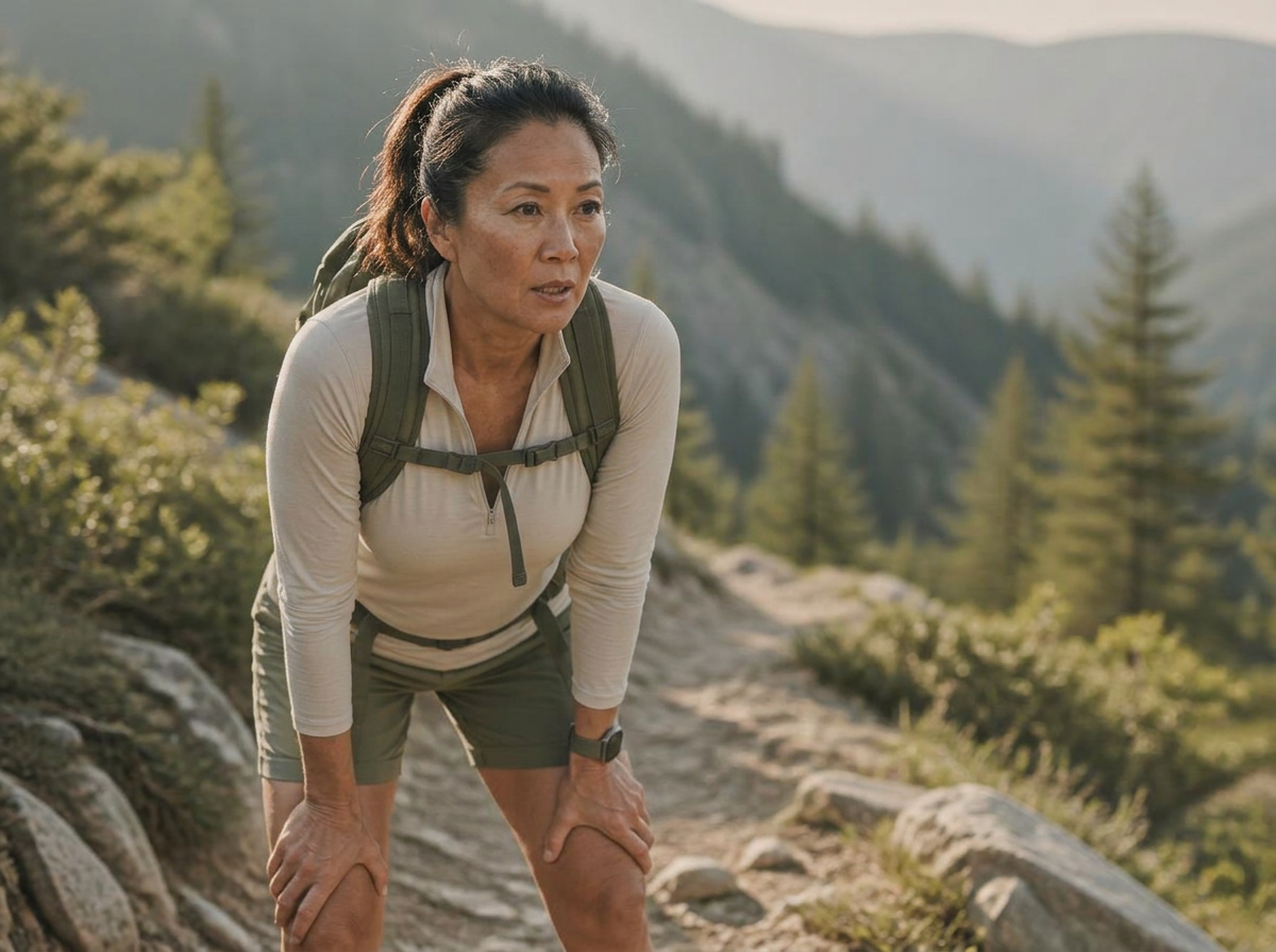 Asian woman hiking a mountain trail, pausing with knee pain