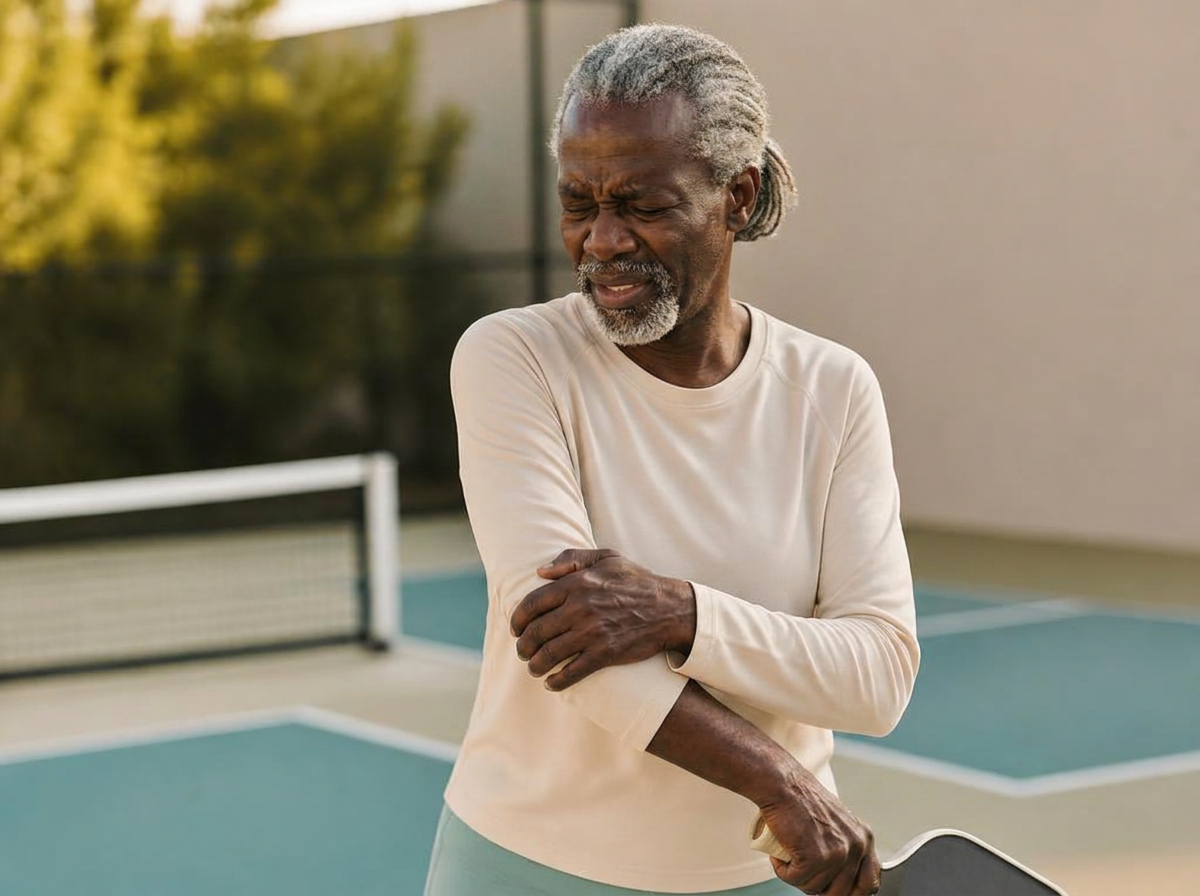 Black man on a pickleball court holding a painful shoulder