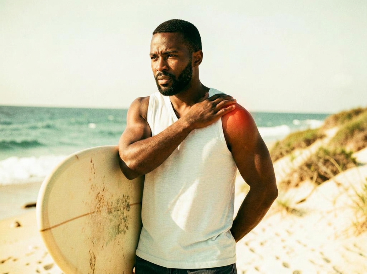 Black man in his thirties carrying a surfboard, rubbing a sore shoulder