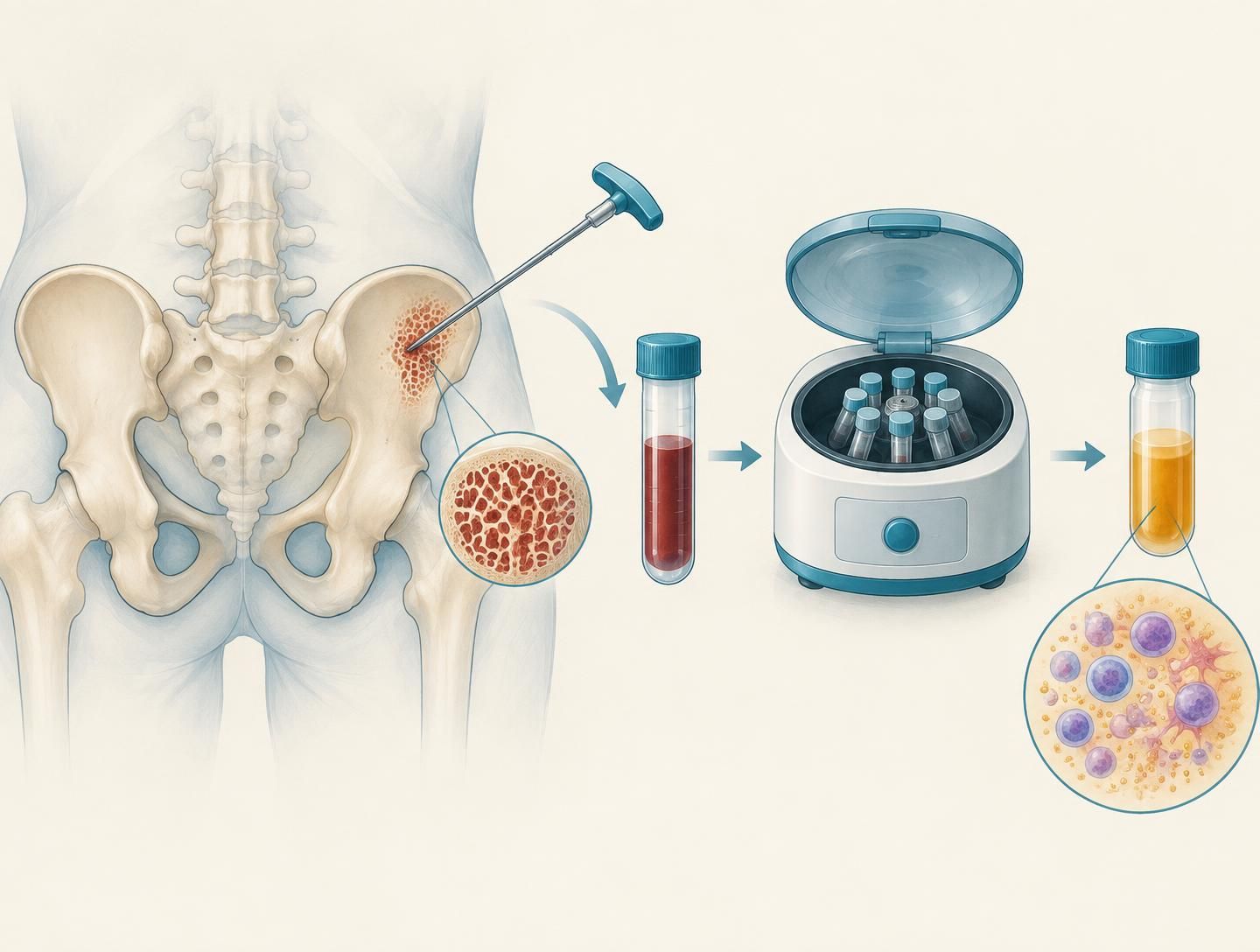 Medical illustration of bone marrow collected from the pelvis and concentrated in a centrifuge