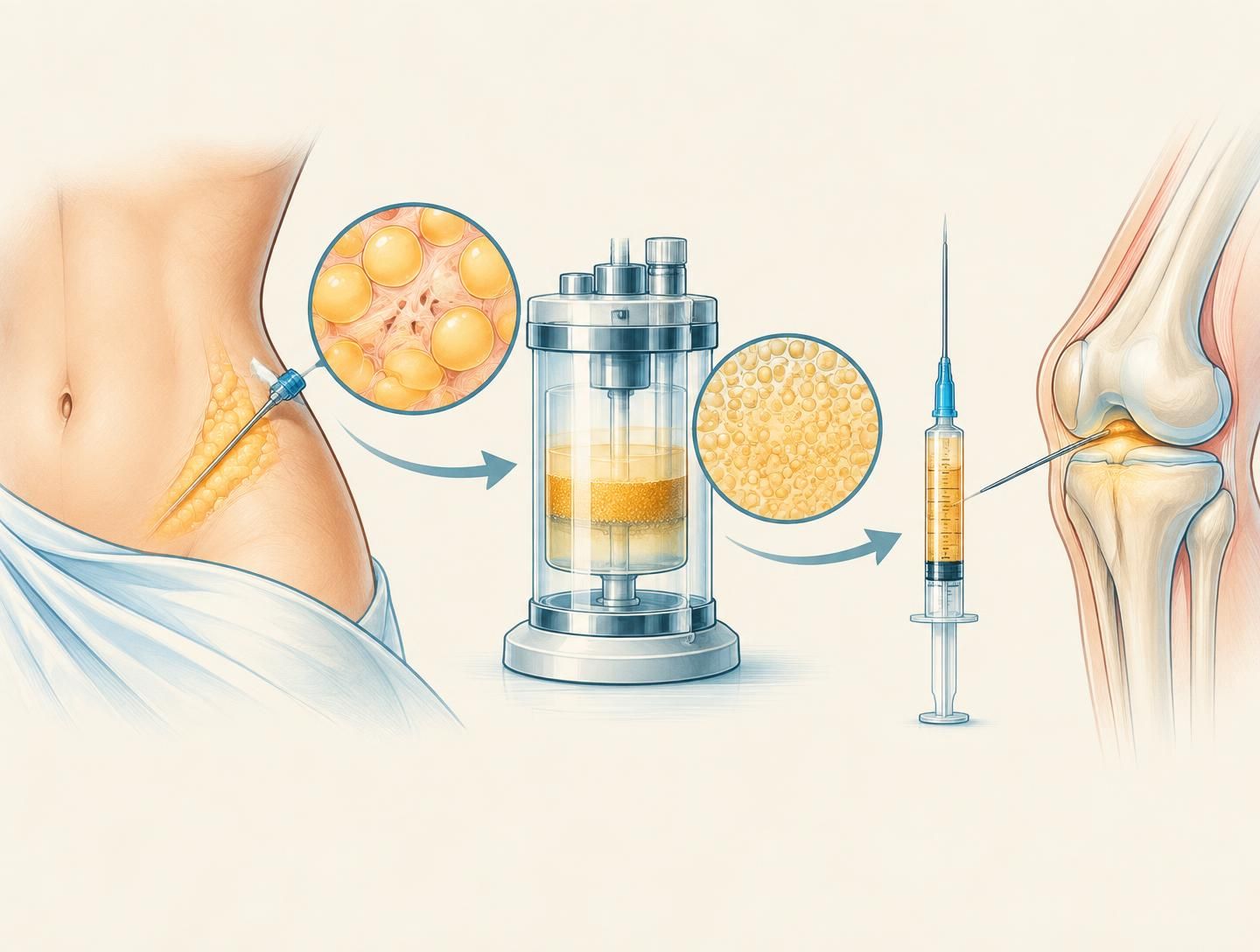 Medical illustration of a small fat harvest, processing and injection into a knee joint