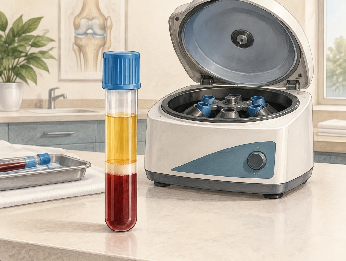 A centrifuge and blood tube separated into red blood cells and golden platelet-rich plasma