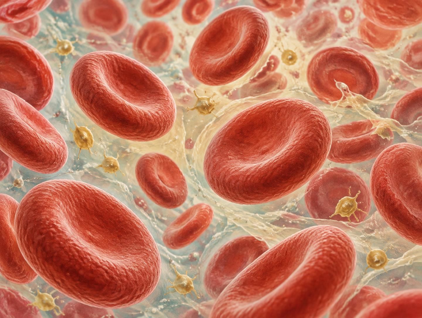 Medical illustration of red blood cells and smaller golden platelets in plasma