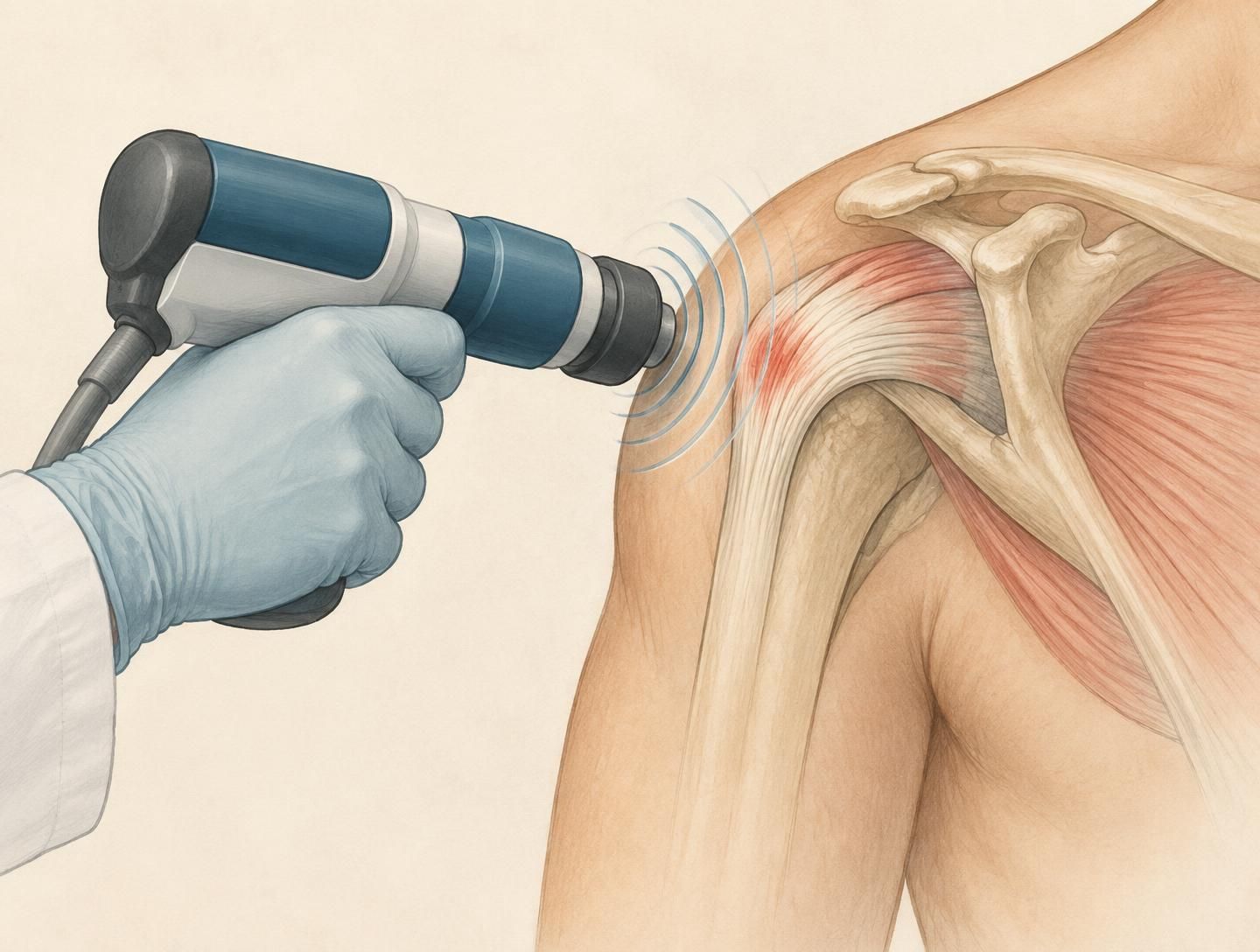 Medical illustration of a shockwave applicator directing pressure waves toward a shoulder tendon