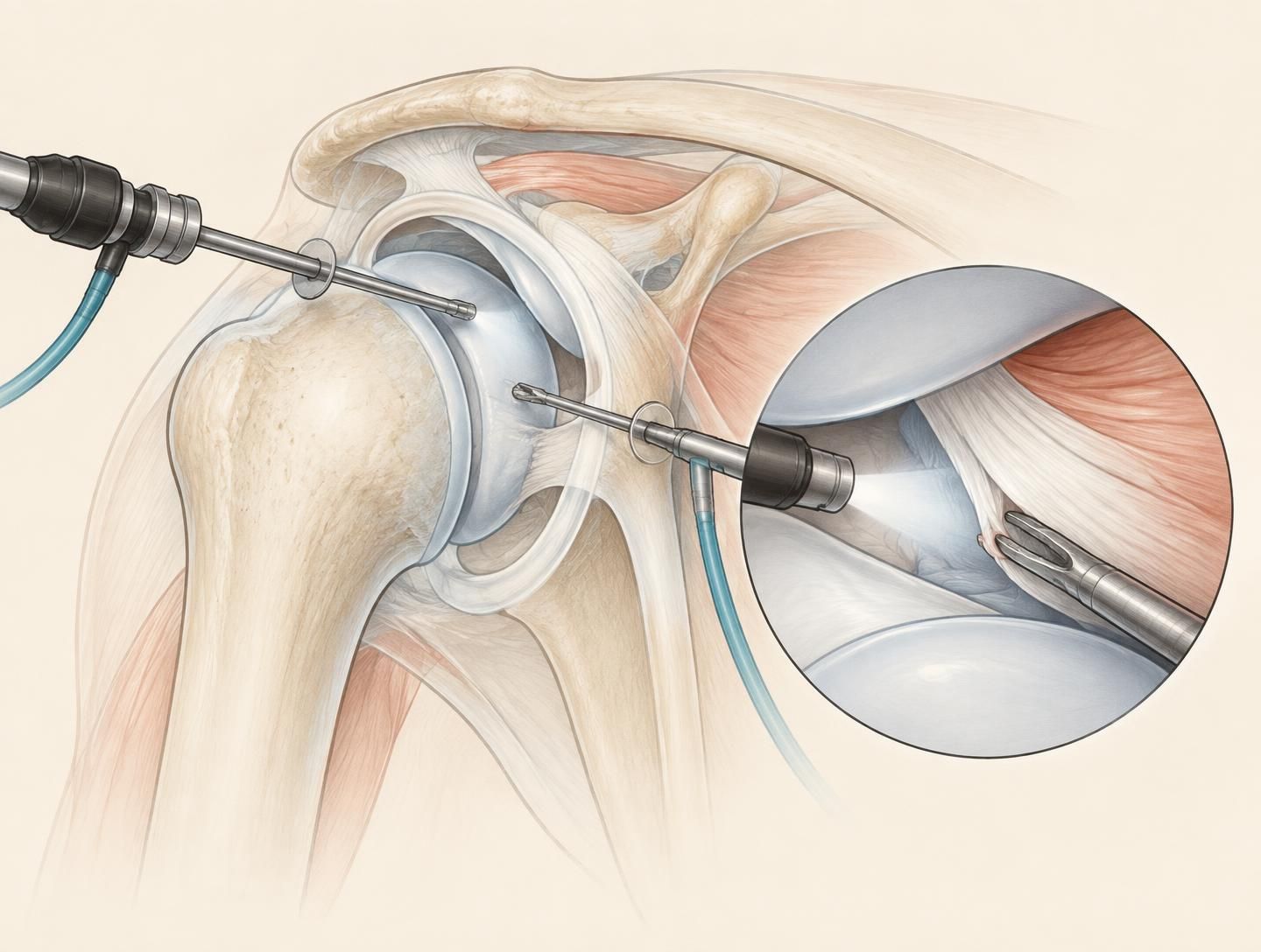 Medical cutaway illustration of a camera and instrument inside the shoulder joint