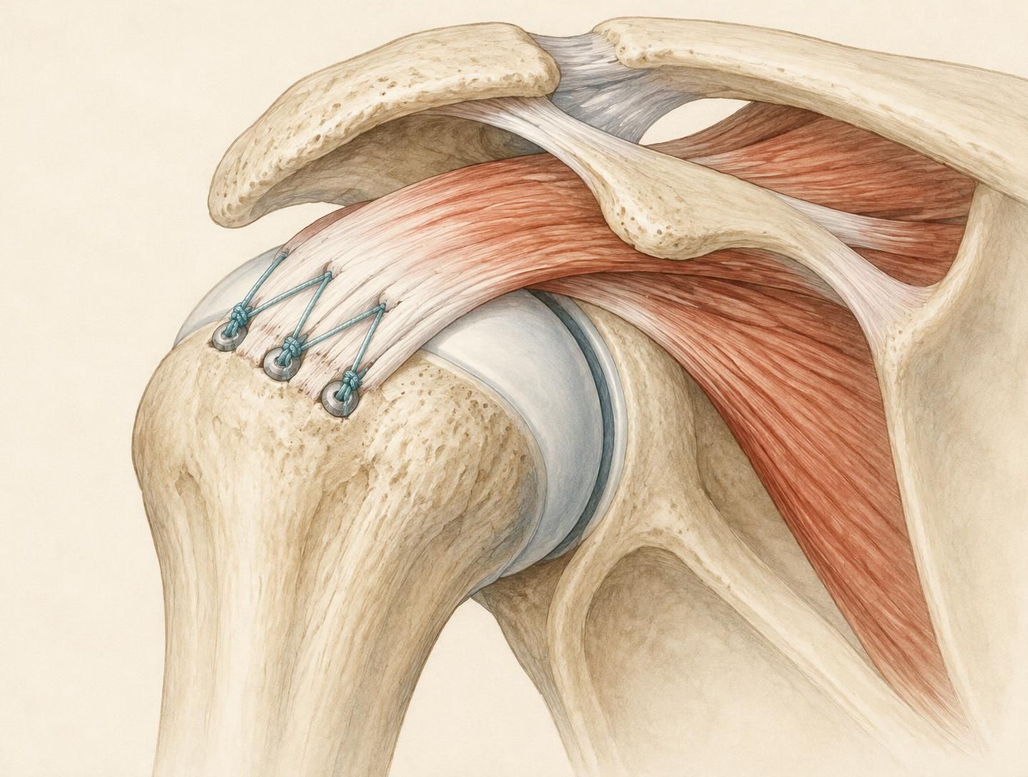 Medical illustration of a repaired rotator cuff tendon secured to the upper arm bone