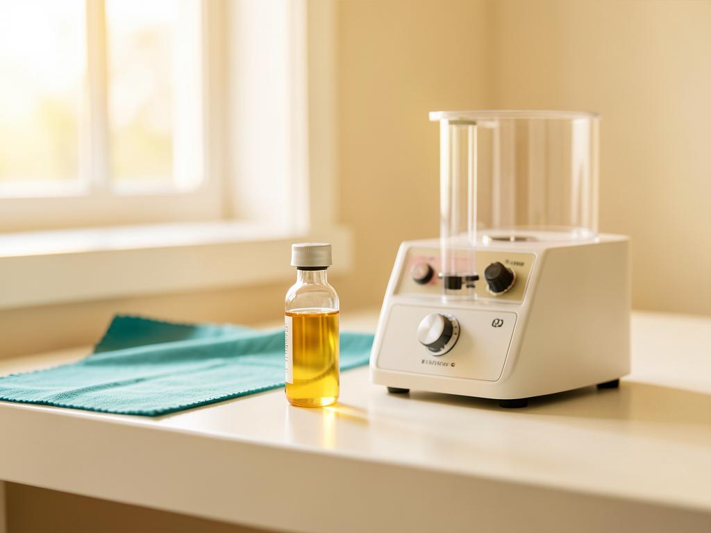 A vial of golden platelet-rich plasma beside a centrifuge in the clinic
