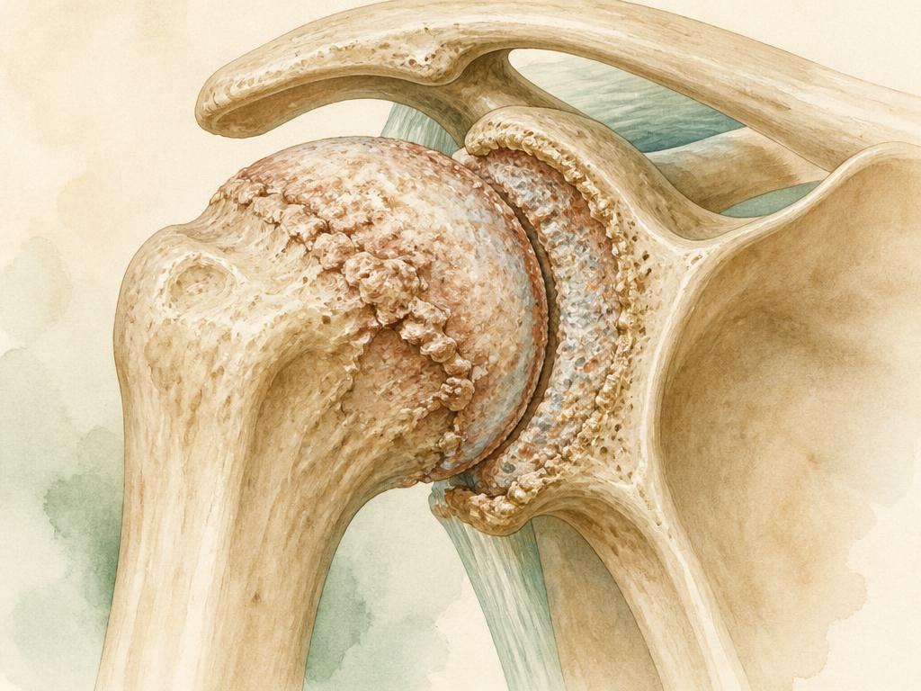 Medical illustration of a worn-out arthritic shoulder joint with bone spurs and narrowed joint space